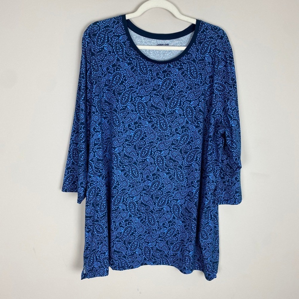 Lands End Paisley Tunic Top Womens 2X Supima Cotton 3/4 Sleeve Lagenlook Casual